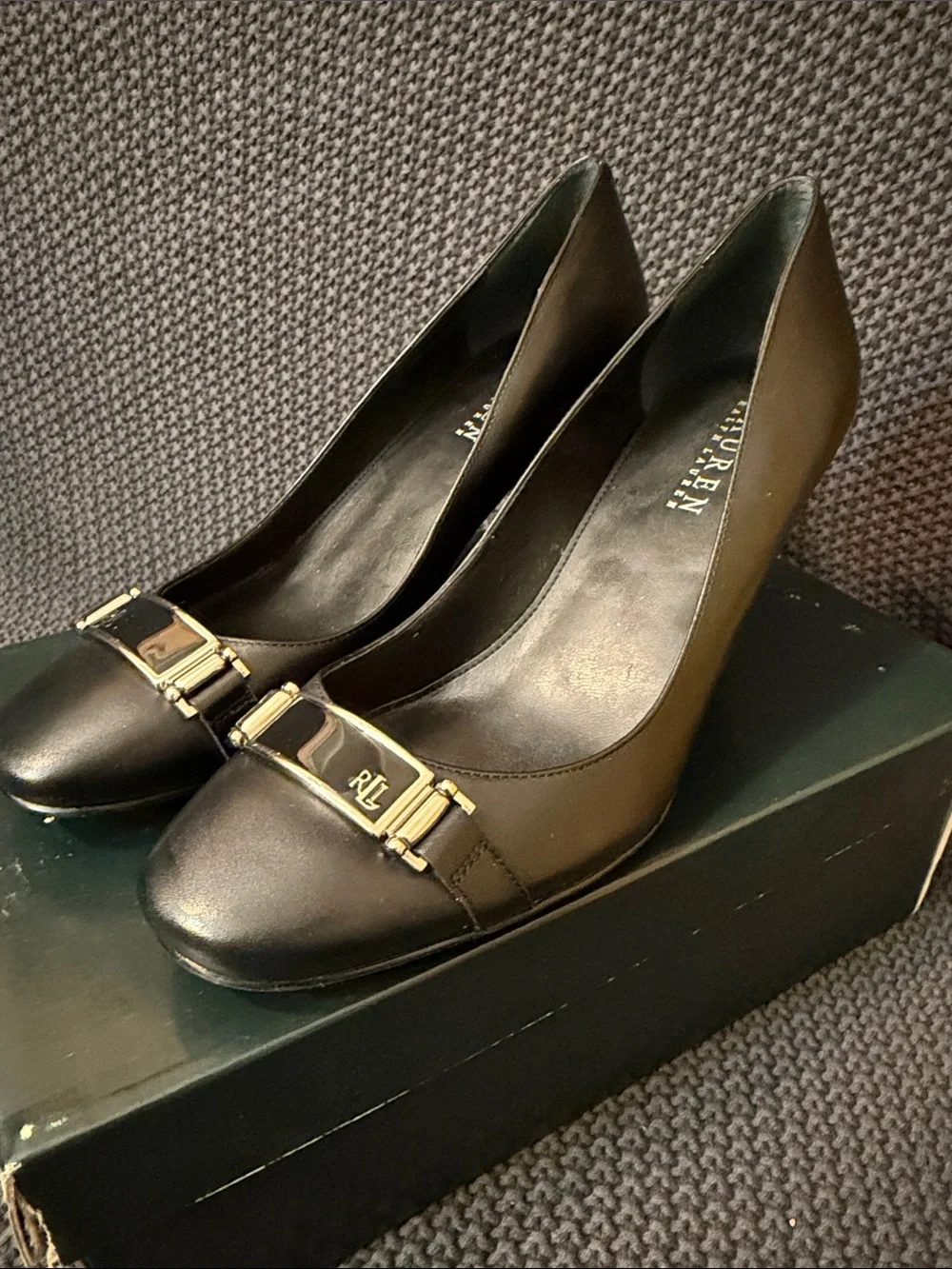 Lauren Ralph Lauren Black Leather Low Heel Pumps with Gold Accent